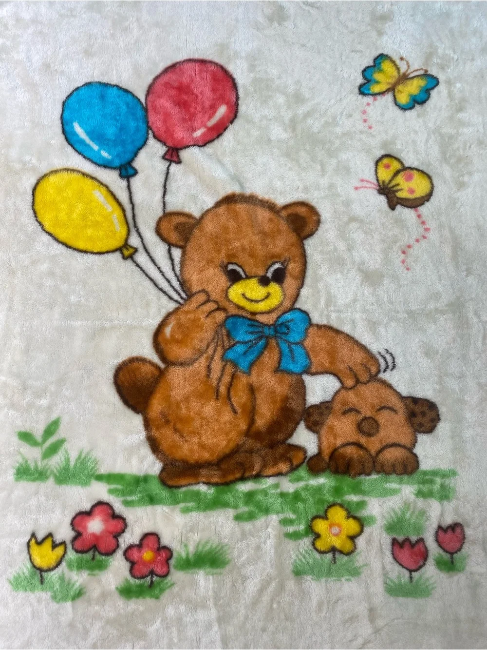 Vintage Baby Blanket Teddy Bear With Balloons Butterflies Plush Throw 54”x43”